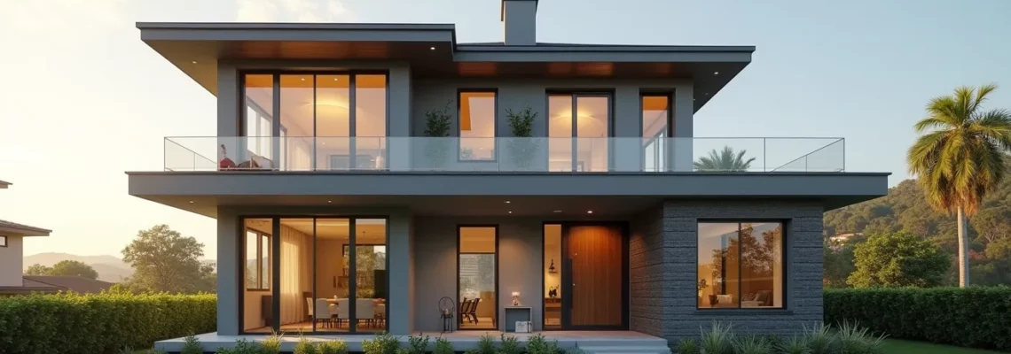 Maison contemporaine aux fenêtres modernes lors d'une rénovation, jour ensoleillé
