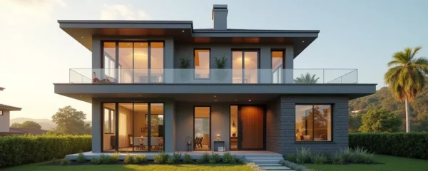 Maison contemporaine aux fenêtres modernes lors d'une rénovation, jour ensoleillé