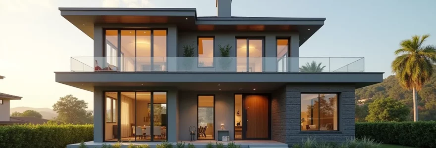 Maison contemporaine aux fenêtres modernes lors d'une rénovation, jour ensoleillé