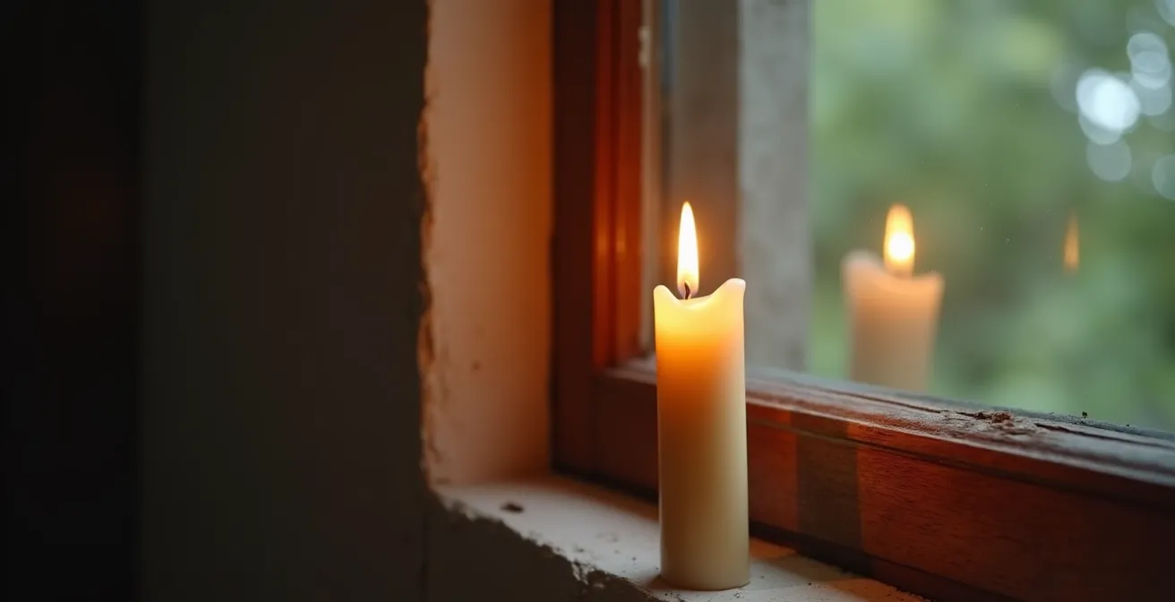 Gros plan d'une flamme de bougie déviée par une infiltration d'air près d'une fenêtre