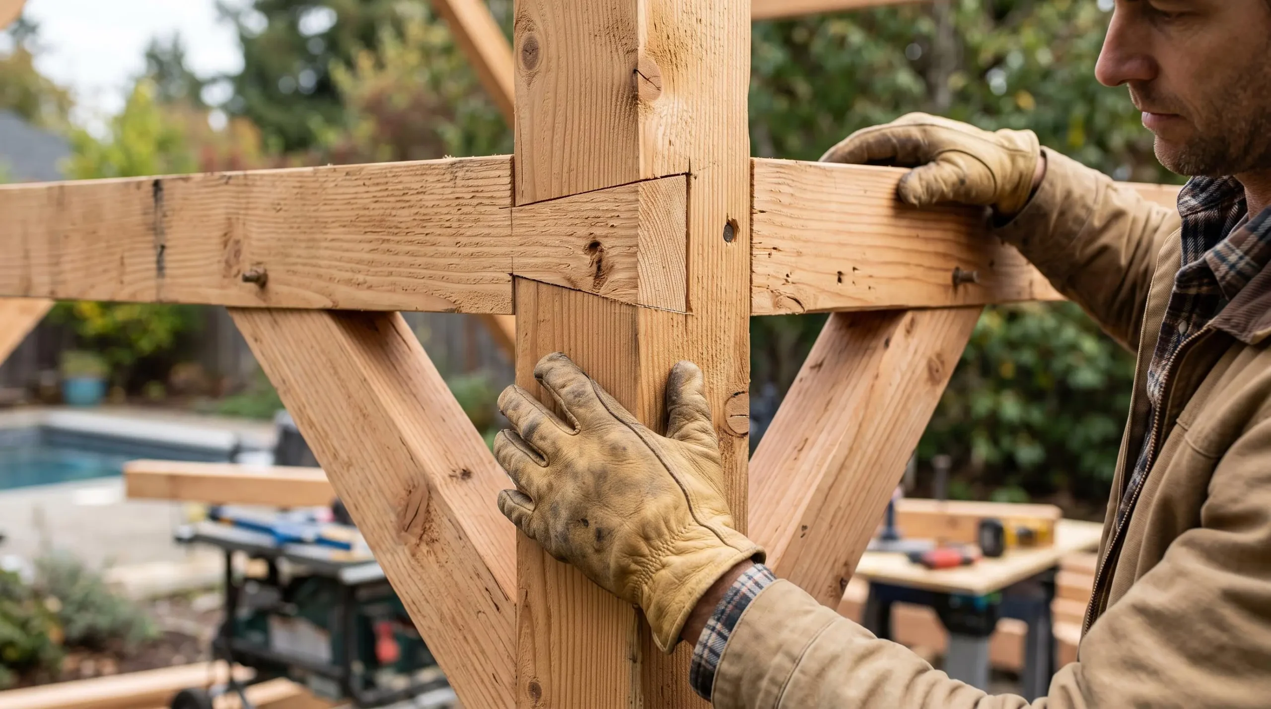Détail de construction d'une ossature en bois montrant l'assemblage des poutres et la qualité de la menuiserie pour un local technique