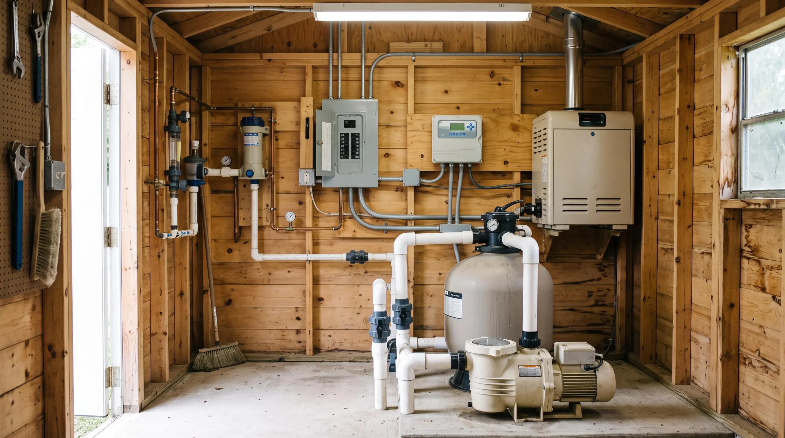 Intérieur d'un local technique en bois montrant l'organisation des équipements de piscine avec pompe, filtre et tableau électrique