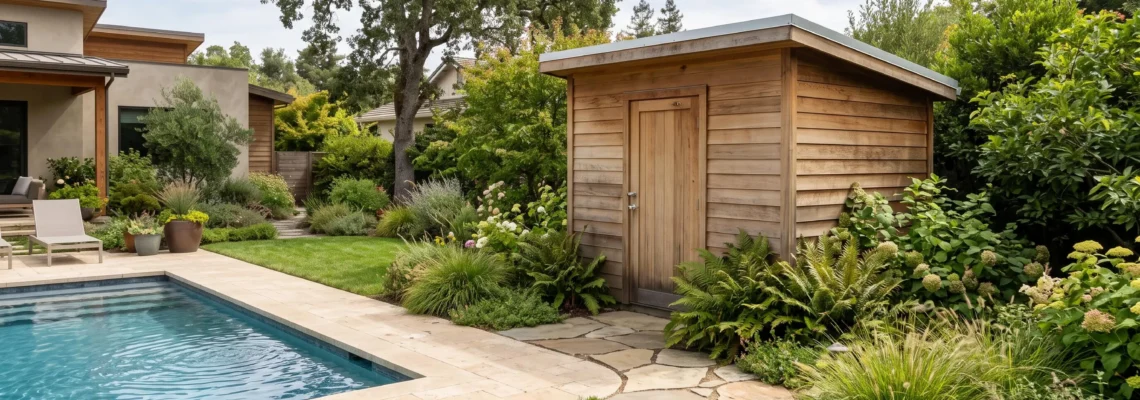 Local technique en bois pour piscine installé dans un jardin résidentiel à côté d'une piscine enterrée
