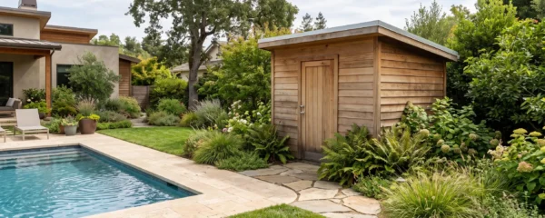 Local technique en bois pour piscine installé dans un jardin résidentiel à côté d'une piscine enterrée
