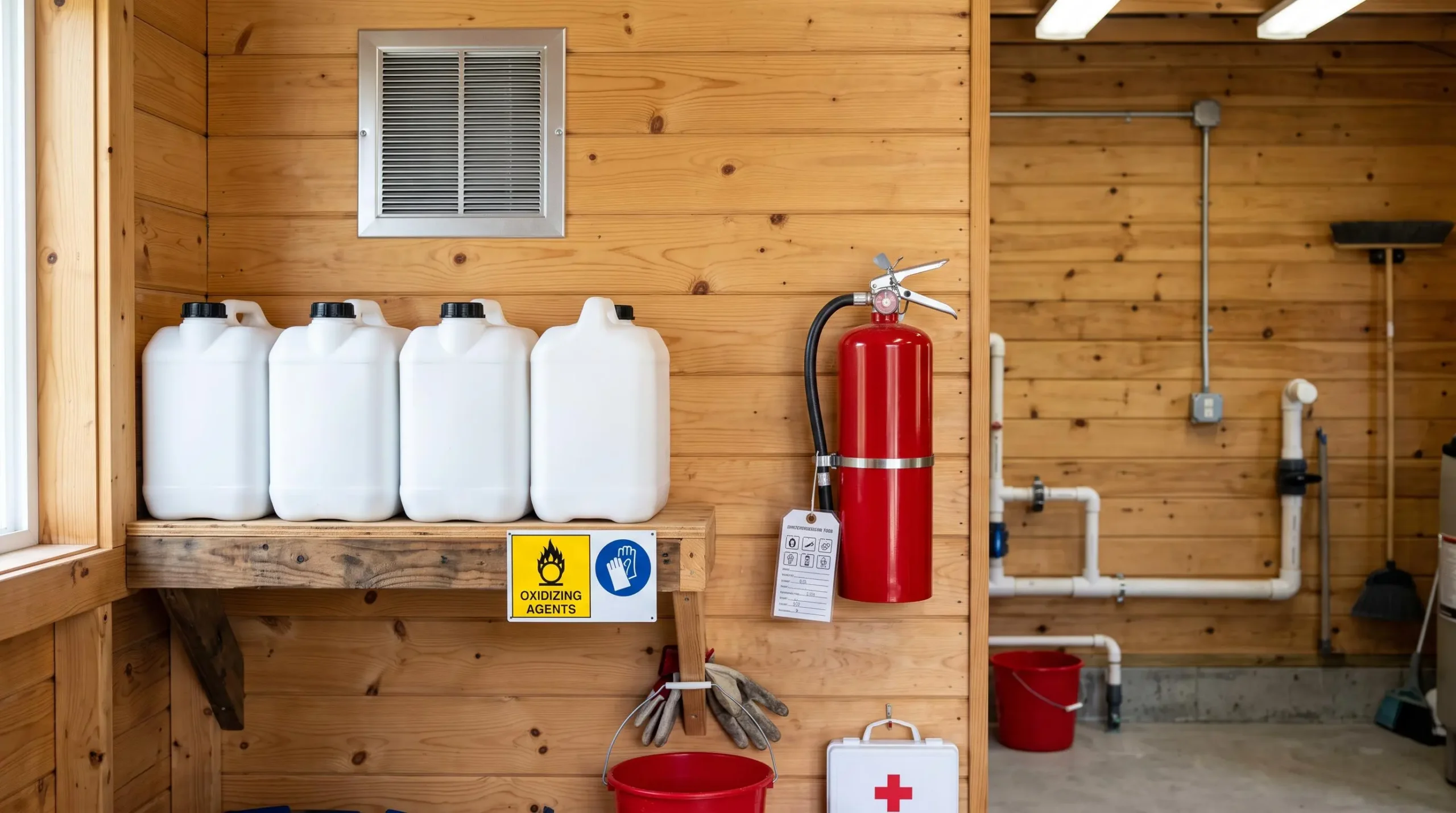 Coin intérieur d'un local technique piscine montrant les équipements de sécurité obligatoires avec extincteur, ventilation et stockage sécurisé des produits